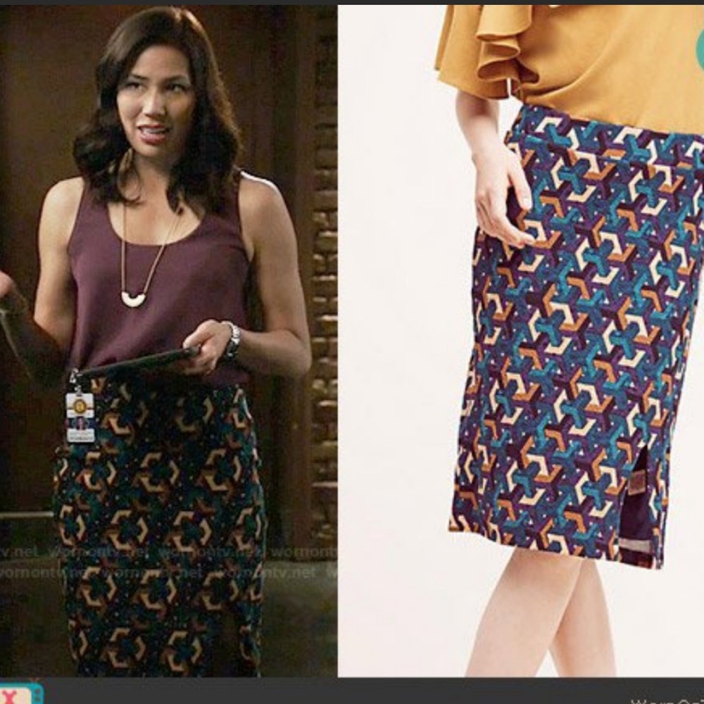 Anthropologie Multicolor Geometric Pencil Skirt in Purple, Teal, Mustard